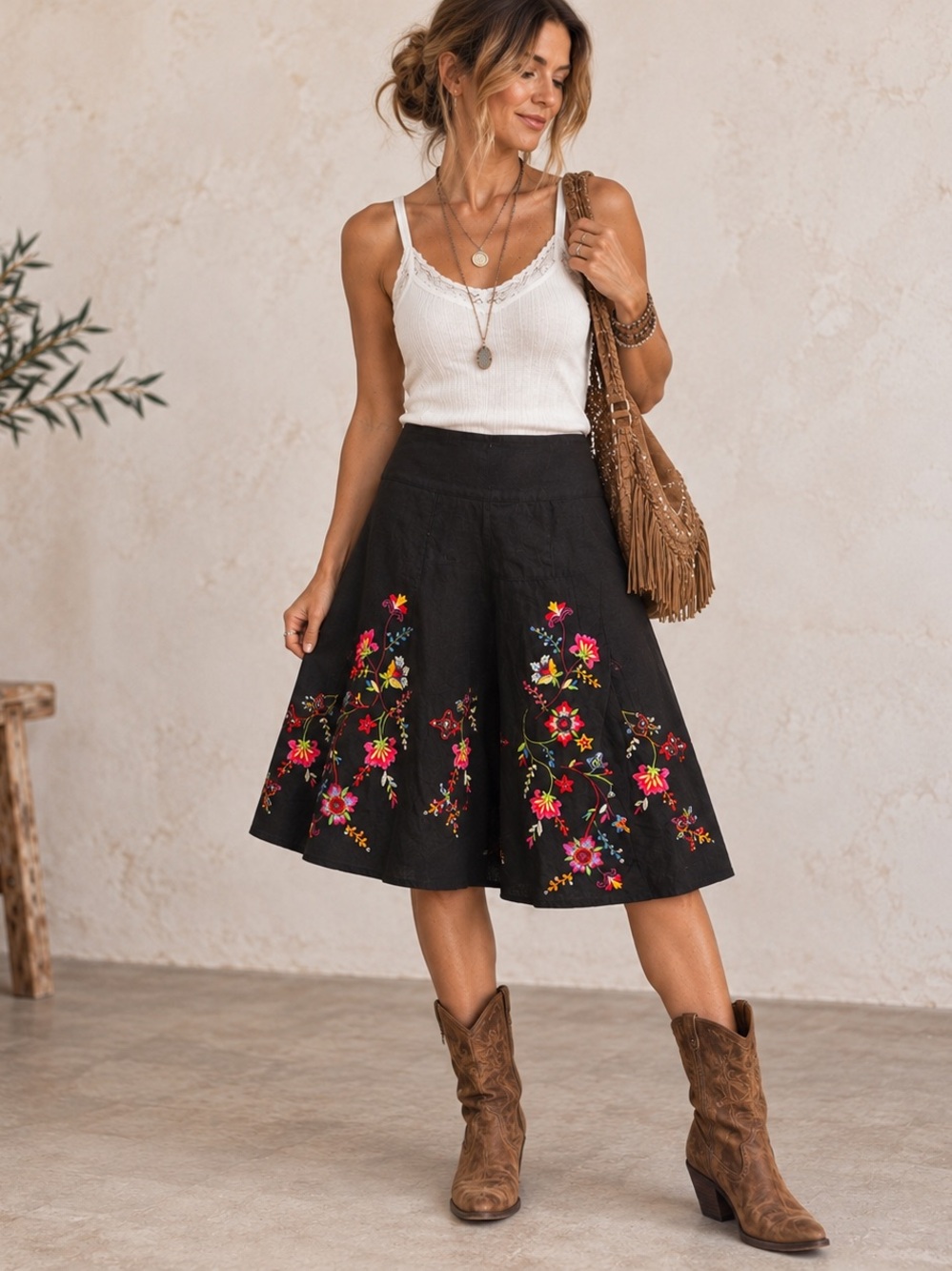 Embroidered Floral Linen Blend A-Line Midi Skirt